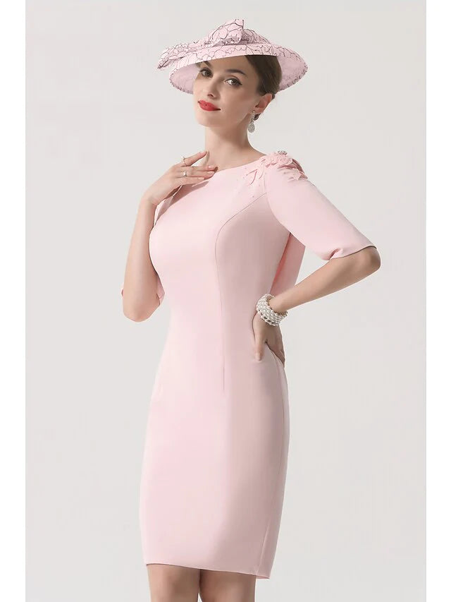 Wholesale Mother of the Bride Dress Elegant Jewel Neck Knee Length Stretch Satin Half Sleeve with Appliques